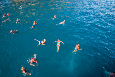 Kemer. Turkish Republic. September 10, 2020 Swimming in the clean clear water of the Mediterranean. View from above.のeditorial素材