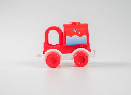 Colorful toy truck isolated on white backgroundの写真素材