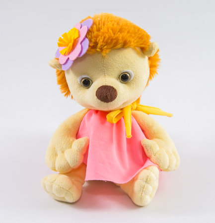 Cute plush hedgehog girl in a dress and with a flower on her head on a white background.の写真素材