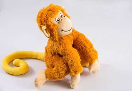 Plush children's toy monkey on a white background.