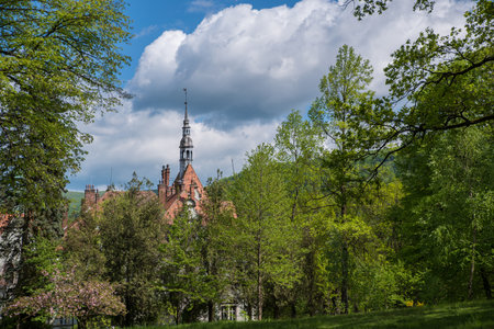 Svalyava Transcarpathia Ukraine May 5, 2023 Shenborn Castle among summer trees.のeditorial素材