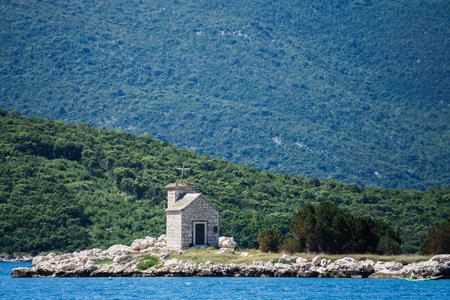 Old small church on a small island near Klek, Dalmatia, Croatia, Europe, Adriaticの写真素材