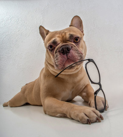 Red-haired French bulldog and black-framed glasses on a white backgroundの写真素材