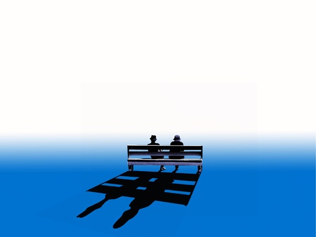 Couple sitting on a bench look at a white horizont.の写真素材