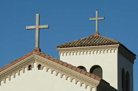 church steeples with two crossesの写真素材