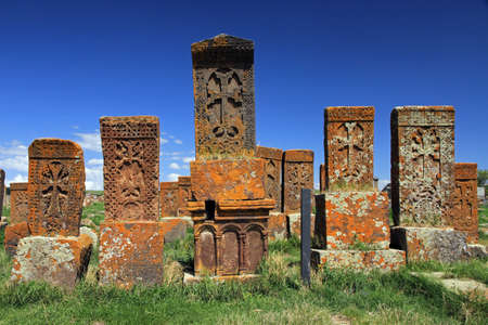 Khachkars in Noratus cemetery, Armeniaの写真素材