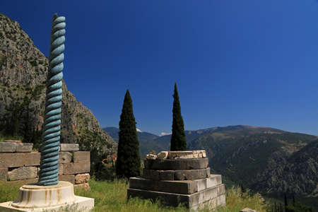 Ruins of Temple of Apollo in Delphi archaeological site, Valley of Phocis, Greece