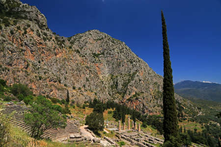 Ruins of Temple of Apollo in Delphi archaeological site, Valley of Phocis, Greece