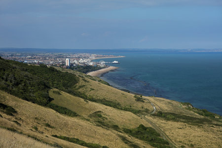 View from Beachy Head area to Eastbourne city, Seven Sisters area, East Sussex, England, United Kingdomの写真素材