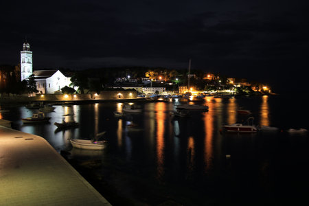 Old Town of Hvar city by night, Hvar island, Croatiaの写真素材