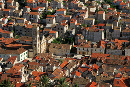 St Stephen's Cathedral and bell tower, Hvar city on Hvar island, Croatiaの写真素材