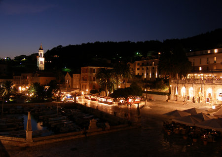 Old Town of Hvar city by night, Hvar island, Croatiaの写真素材
