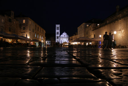 Old Town of Hvar city by night, Hvar island, Croatiaの写真素材