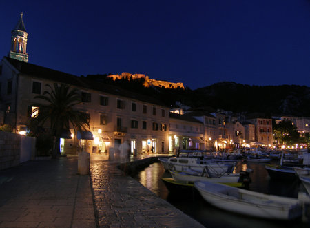 Old Town of Hvar city by night, Hvar island, Croatiaの写真素材