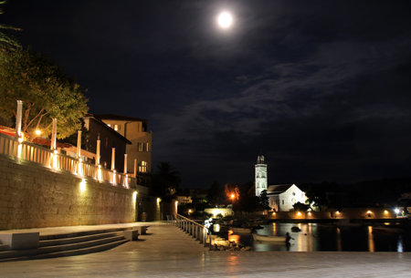 Old Town of Hvar city by night, Hvar island, Croatiaの写真素材