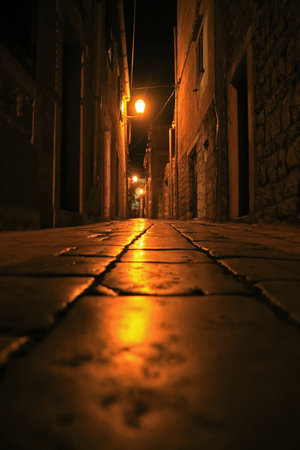 Old street at night in Stari Grad, Hvar, Croatiaの写真素材