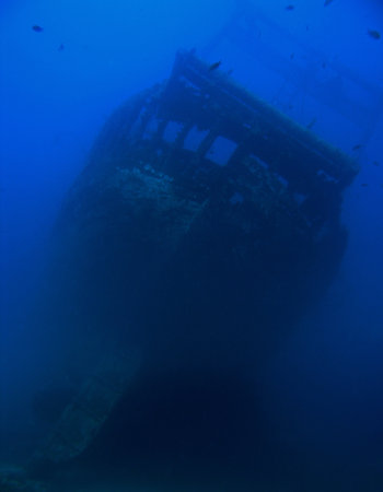 Wreck of wooden fishing boat near Solta island, Adriatic Sea, Croatia