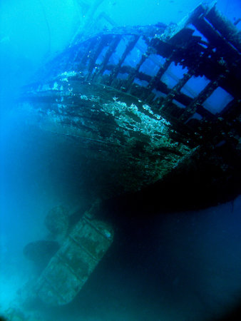 Wreck of an old ship in the sea, underwater photo, Wreck of wooden fishing boat near Solta island,...