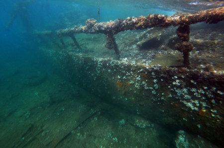 Underwater view of an old ship wreck in the sea, with fish, Shipwreck near Rose Beach in Adriatic...