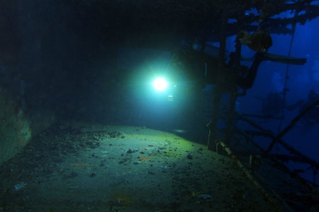 Underwater view of an old ship wreck in the Red Sea near Big Brother island, Egypt