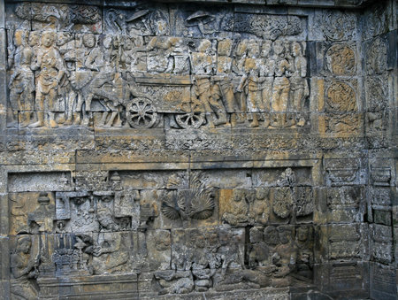 Bas-reliefs on the walls of Borobudur temple, Java, Indonesiaの写真素材