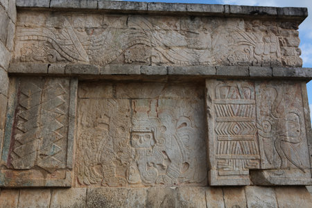 Reliefs in Temple of the Eagles and Jaguars in Chichen Itza, Yucatan, Mexico