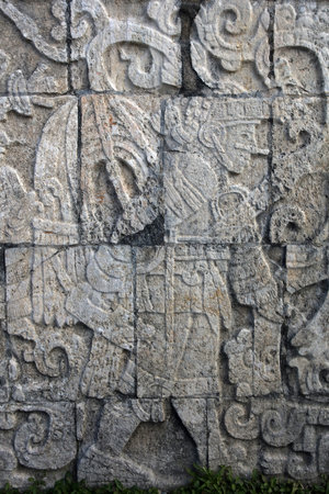 Wall of The Temple of the Bearded Man in Chichen Itza, Yucatan, Mexicoの写真素材