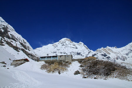 Annapurna Base Camp - 4,130 m and Annapurna South - 7,219 m (23,684 ft), Annapurna Massif, Himalayas, Nepalの写真素材