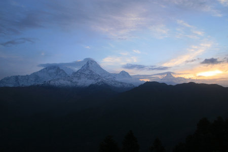 Sunset in Himalayas, Annapurna Conservation Area, South face of Annapurna South - view from Poon Hill, Annapurna Massif, Himalayas, Nepalの写真素材