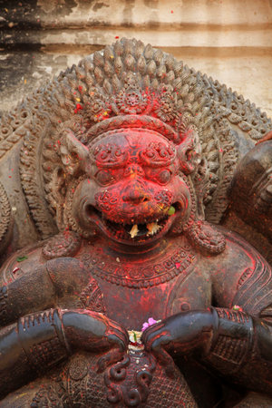 Statue of Narasimha near main gate of Bhaktapur Durbar Square, Nepalの写真素材