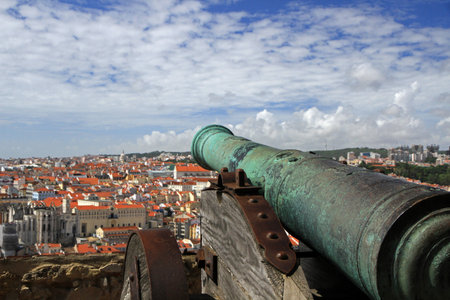 View of the old city of Lisbon from the fortress walls, Portugalの写真素材