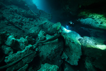 Cave Diver in Eden Cenote in the Yucatan Peninsula, Mexico