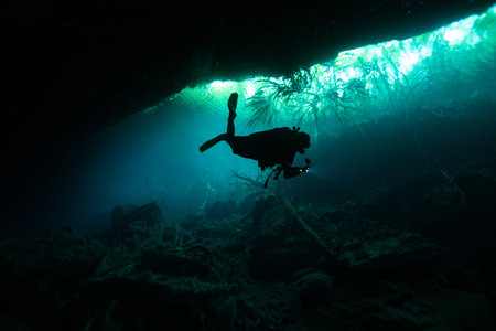 Silhouette of scuba diver in the cave. Underwater photography. Cave Diver in Eden Cenote in the...