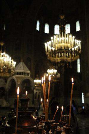 Candles in Saint Alexander Nevsky Cathedral, Sofia, Bulgariaの写真素材