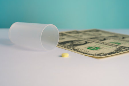 Pills and one hundred dollar bill on a white table with blue backgroundの写真素材