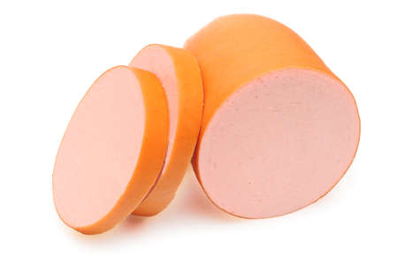 three boiled sausages on white の写真素材