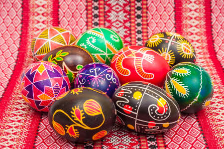 some Easter Eggs Pysanka on the Ukrainian cloth