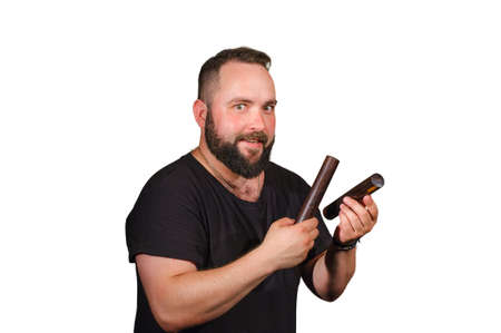 One percussion claves player on white background