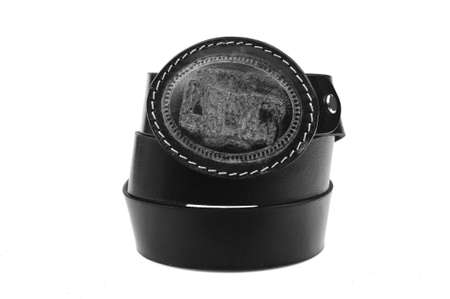 Belt male leather.The fashionable accessory is twisted on a white background.With a metal buckle.Natural animal skin.の写真素材