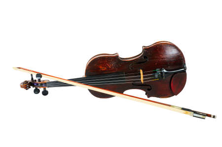 one violin image .old brown stringed wooden instrument isolated on the white background and bowの写真素材
