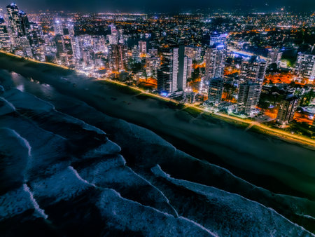 Gold Coast, Australia - Aerial cityscape of Gold Coast with night illumination