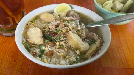 Vietnamese rice noodle soup with pork ball and bean sprouts