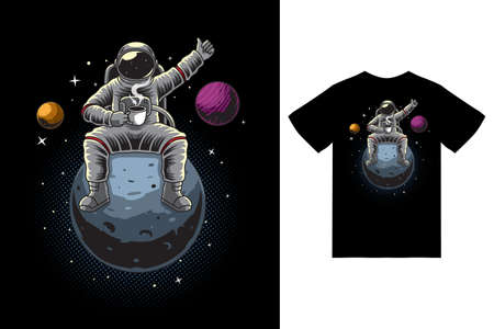 Astronaut sitting while holding coffee cup illustration with t-shirt design premium vectorのイラスト素材