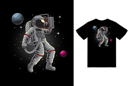 Astronaut holding radio on space illustration with tshirt design premium vectorのイラスト素材