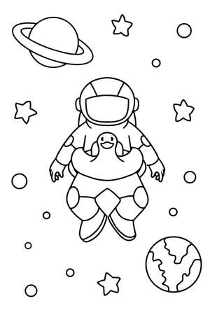 Cute astronaut with duck balloon coloring book illustration vectorのイラスト素材