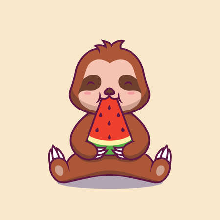 Cute sloth eating watermelon cartoon illustrationのイラスト素材