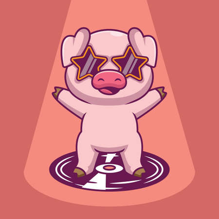 Cute pig disco cartoon illustrationのイラスト素材