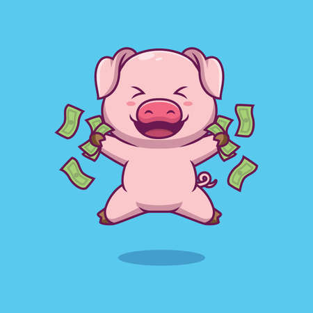 Cute pig holding money cartoon illustrationのイラスト素材