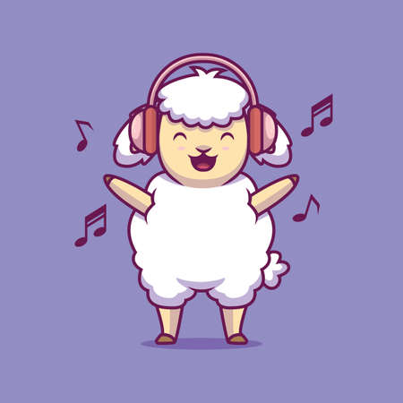 Cute sheep listening music cartoon illustrationのイラスト素材