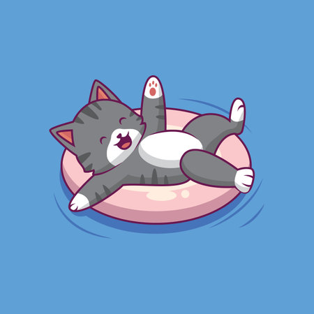 cute cat swimming with balloon cartoon illustrationのイラスト素材